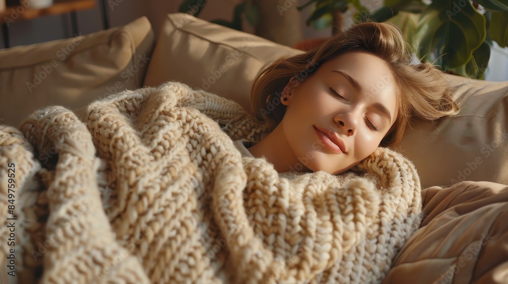 A person is lying down covered with a chunky knit blanket, creating a cozy, comfortable atmosphere A person is lying down covered with a chunky knit blanket, creating a cozy, comfortable atmosphere