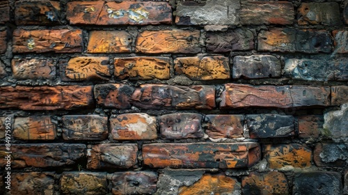 Vivid close-up highlighting the multi-colored and textured surface of an urban brick wall