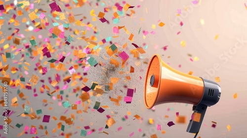 Realistic orange megaphone surrounded by a storm of confetti on a beige background © Lens Legacy