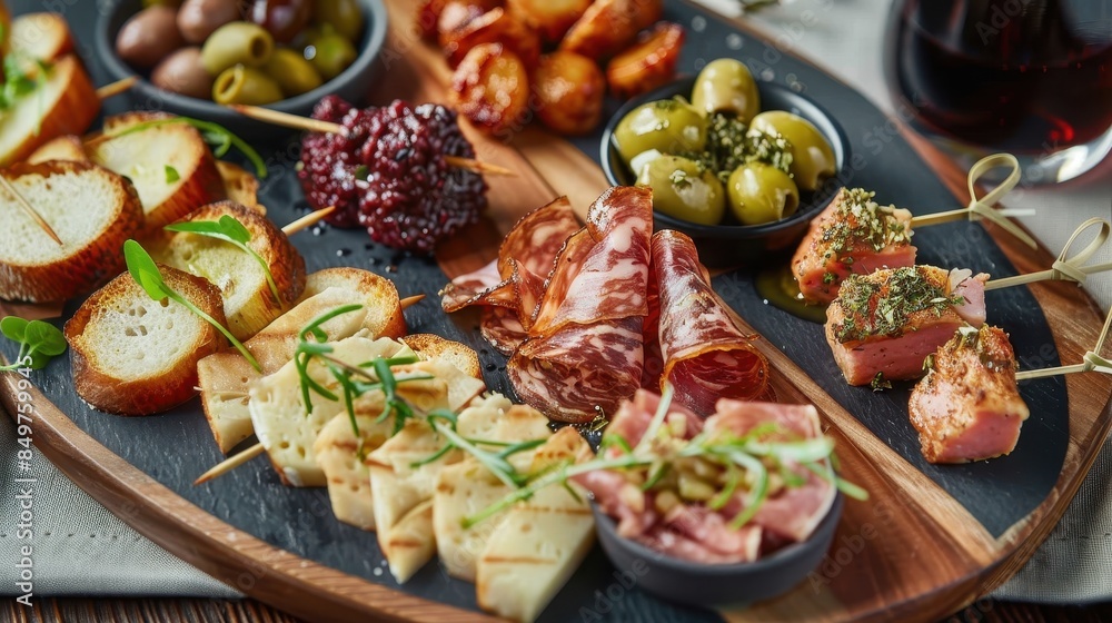 This appetizing spread features smoked meats, various cheeses, and accompaniments on a stylish plate This appetizing spread features smoked meats, various cheeses, and accompaniments on a stylish plate