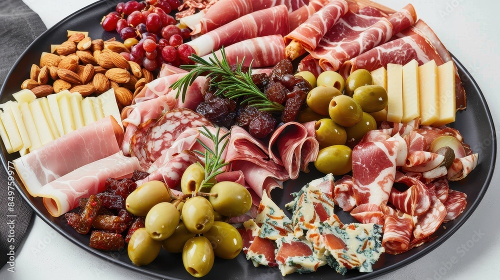 A high-quality image featuring a variety of meats, cheeses, and nuts on a large platter, ideal for food-related content A high-quality image featuring a variety of meats, cheeses, and nuts on a large platter, ideal for food-related content