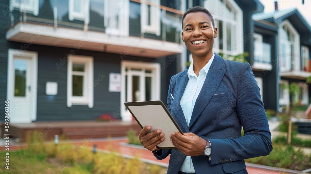 Smiling female real estate agent holds a tablet outside modern residential homes, representing property market Smiling female real estate agent holds a tablet outside modern residential homes, representing property market