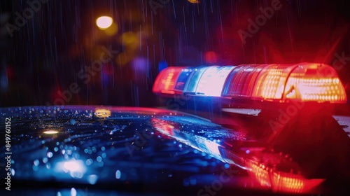 A police vehicle's emergency lights are illuminated under the rain at night, reflecting vibrant colors on wet surfaces