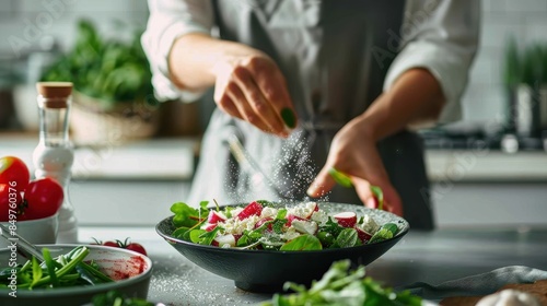 A chef in a home kitchen is seen sprinkling spices onto a vibrant salad, emphasis on fresh ingredients and homemade cooking
