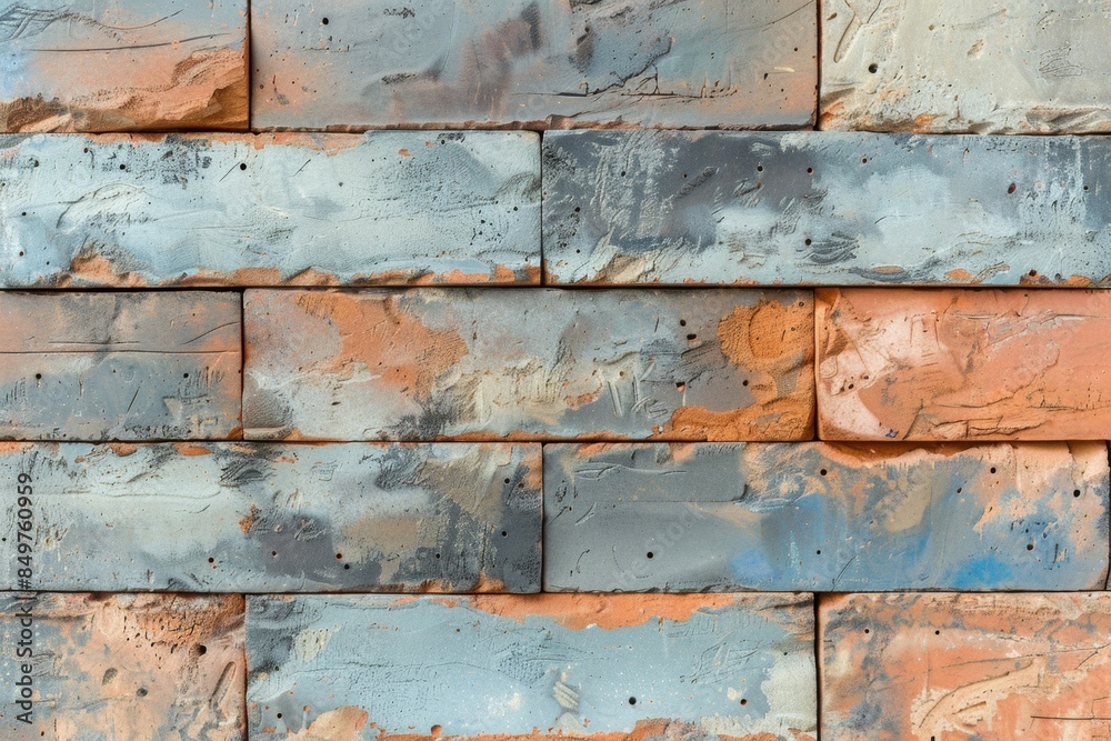 Vibrant brick wall with blue, orange, and gray hues creates a unique and colorful background, showcasing a vintage and retro feel with its weathered and aged elements Vibrant brick wall with blue, orange, and gray hues creates a unique and colorful background, showcasing a vintage and retro feel with its weathered and aged elements