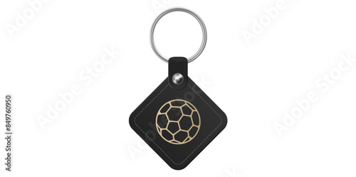 Realistic Leather Keychain With Metal Ring, Black Keychain With Golden Football Logo Vector Illustration.	
