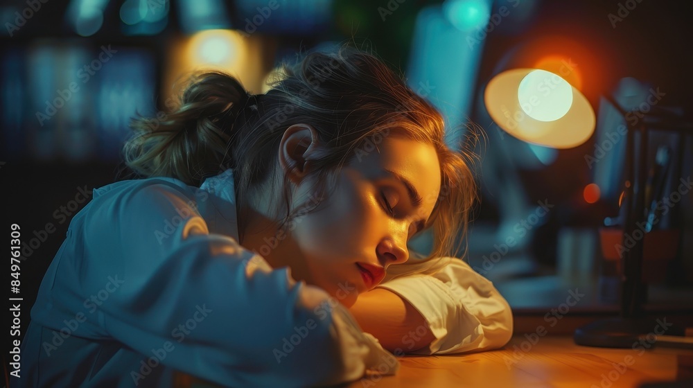 Obraz premium The person appears to be exhausted or contemplating, resting their head on their arms at a desk in low light