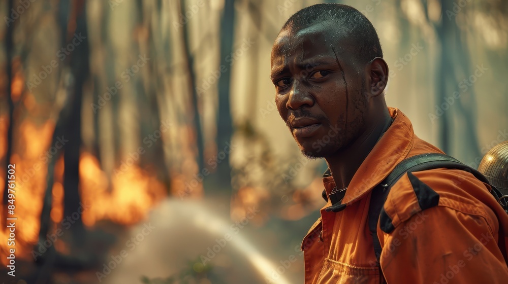 Determined male firefighter stares ahead amid an intense wildfire, showcasing resilience Determined male firefighter stares ahead amid an intense wildfire, showcasing resilience