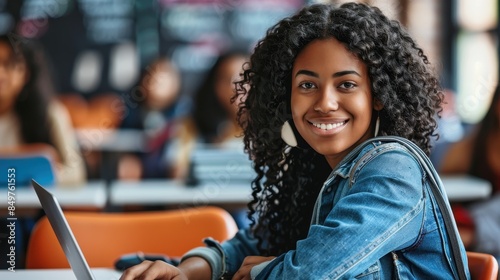 A smiling young woman is using a laptop in a cafe, with other people and a vibrant atmosphere around her