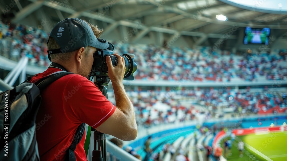 Photographer with a camera capturing live action at a sports event in a stadium with spectators Photographer with a camera capturing live action at a sports event in a stadium with spectators