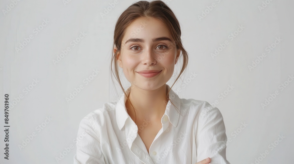 Portrait of a young blonde woman smiling gently, wearing a white shirt in a bright room Portrait of a young blonde woman smiling gently, wearing a white shirt in a bright room