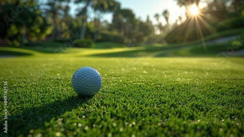 Golf Ball on a Green Course with Sunbeams