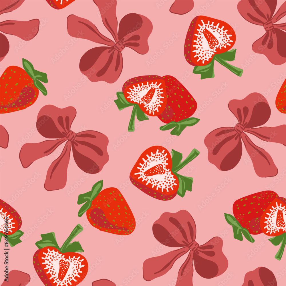 Strawberries and coquette ribbon bow seamless pattern. Sweet strawberry, pastel bow. Aesthetic wallpaper in trendy retro vintage style. Cute hand drawing cartoon vector illustration isolated on pink Strawberries and coquette ribbon bow seamless pattern. Sweet strawberry, pastel bow. Aesthetic wallpaper in trendy retro vintage style. Cute hand drawing cartoon vector illustration isolated on pink
