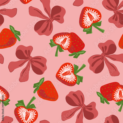 Strawberries and coquette ribbon bow seamless pattern. Sweet strawberry, pastel bow. Aesthetic wallpaper in trendy retro vintage style. Cute hand drawing cartoon vector illustration isolated on pink
