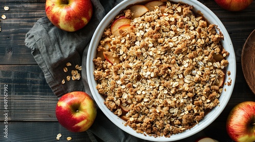 Apple Crisp: A dessert with a crunchy oat topping and baked apples. photo