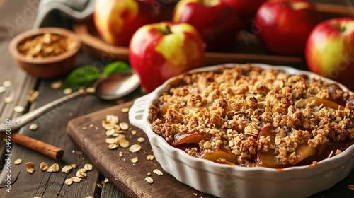 Apple Crisp: A dessert with a crunchy oat topping and baked apples.