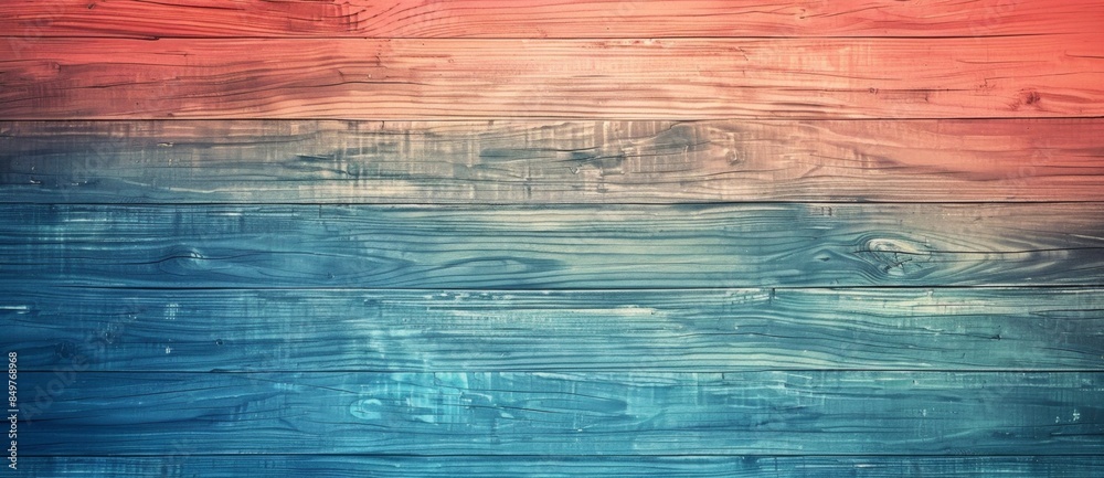 Obraz premium Wooden planks forming a background with a color gradient going from red to blue, ideal for design and art projects. The planks are old and show the grain of the wood