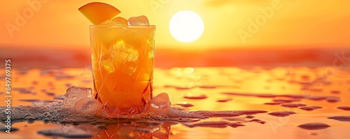 Refreshing mango cocktail with ice on the beach at sunset