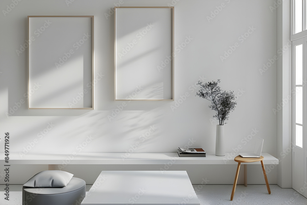 A modern home simple interior design with empty frames on the wall, clean environment, a modern look using off white color paint and a large window and sunlight comes to inside from the window A modern home simple interior design with empty frames on the wall, clean environment, a modern look using off white color paint and a large window and sunlight comes to inside from the window