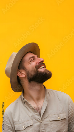 jewish man in a hat, smiling on a bright yellow background