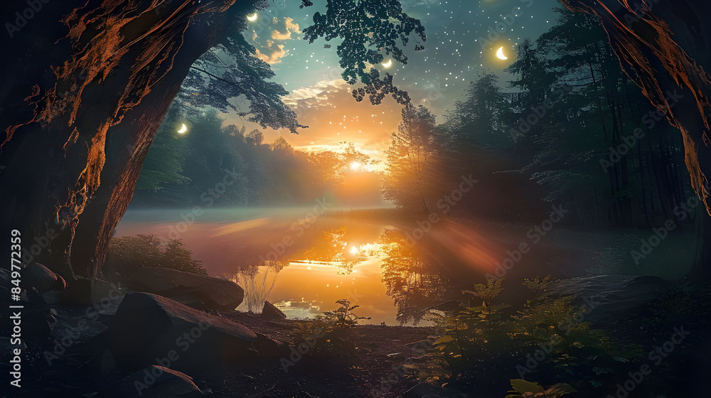 A new earth or plant with different moons, sunset and a beautiful scenery from a ground with trees, a view of space of universe at night time A new earth or plant with different moons, sunset and a beautiful scenery from a ground with trees, a view of space of universe at night time