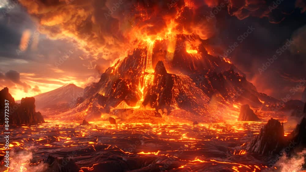 Looping time-lapse animation of volcanic eruption with flowing lava and hot clouds Looping time-lapse animation of volcanic eruption with flowing lava and hot clouds