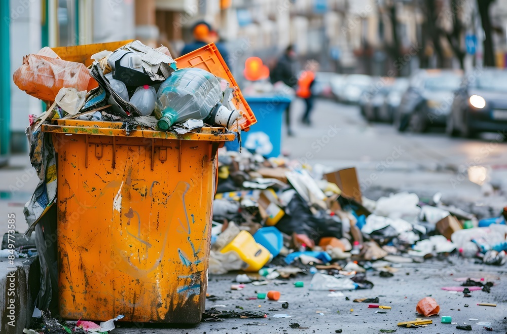 Fototapeta premium Messy Trash Bin Spilled Everywhere
