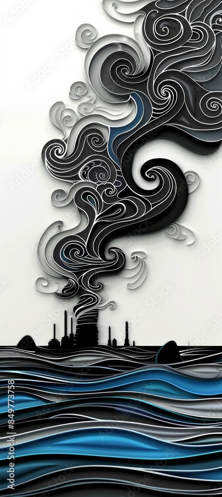 stylized depiction of smoke rising from a factory complex in a paper craft style, set against a background of wavy blue water. stylized depiction of smoke rising from a factory complex in a paper craft style, set against a background of wavy blue water.