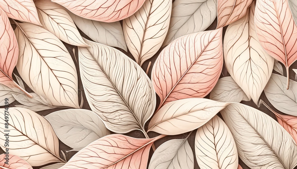A pattern of elegant beige and pink
leaves with visible crisp veining in soft pastel, soothing tones. Mock-up of photo wallpaper with a natural motif A pattern of elegant beige and pink
leaves with visible crisp veining in soft pastel, soothing tones. Mock-up of photo wallpaper with a natural motif