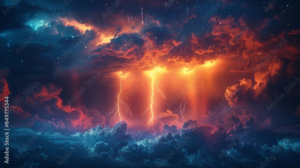 A captivating scene of a stormy sky with dense, angry clouds boiling with fury, bright lightning bolts illuminating the darkness, torrential rain, and a serene rainbow stretching across, blending A captivating scene of a stormy sky with dense, angry clouds boiling with fury, bright lightning bolts illuminating the darkness, torrential rain, and a serene rainbow stretching across, blending