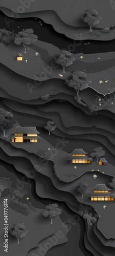 papercraft village nestled in a gray, layered landscape, illuminated by warm golden light.