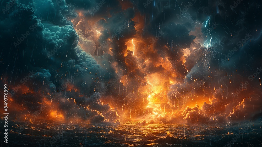 A dynamic portrayal of a dramatic sky where thick, ominous clouds rumble with thunder and sharp, jagged bolts of lightning cut through the darkness, while rain cascades down heavily, and a delicate A dynamic portrayal of a dramatic sky where thick, ominous clouds rumble with thunder and sharp, jagged bolts of lightning cut through the darkness, while rain cascades down heavily, and a delicate
