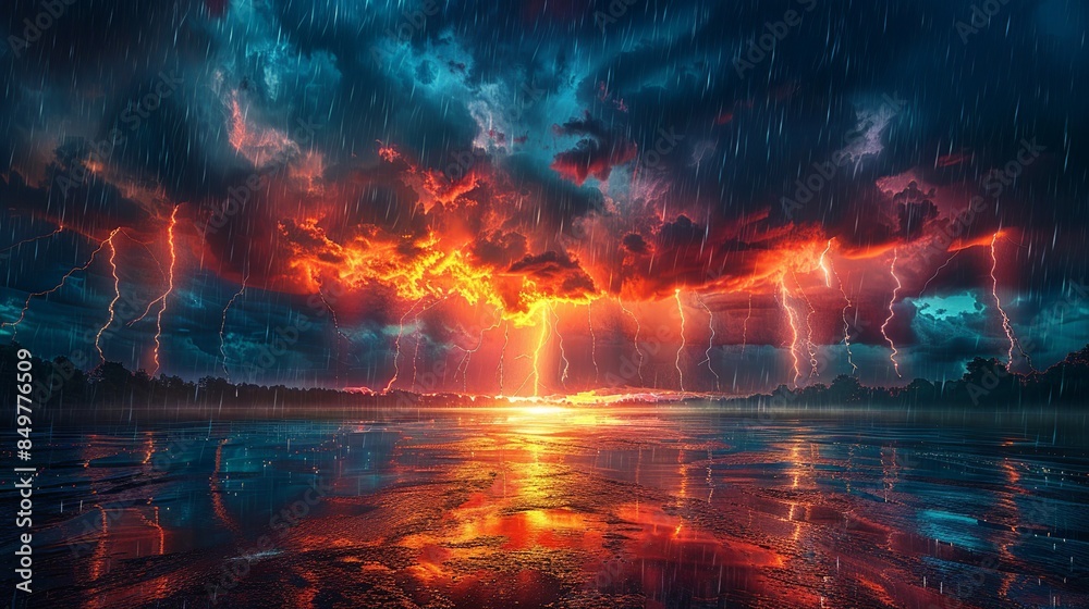 A dynamic portrayal of a dramatic sky where thick, ominous clouds rumble with thunder and sharp, jagged bolts of lightning cut through the darkness, while rain cascades down heavily, and a delicate A dynamic portrayal of a dramatic sky where thick, ominous clouds rumble with thunder and sharp, jagged bolts of lightning cut through the darkness, while rain cascades down heavily, and a delicate