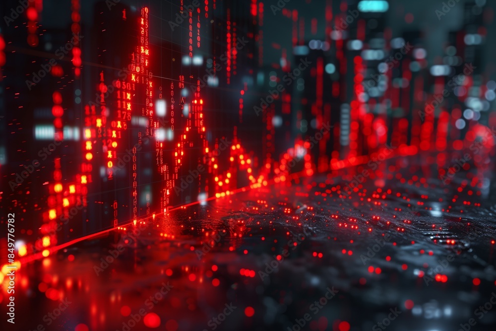 Naklejka premium A red arrow graph on a digital screen, depicting a financial crisis, with a cityscape in the background