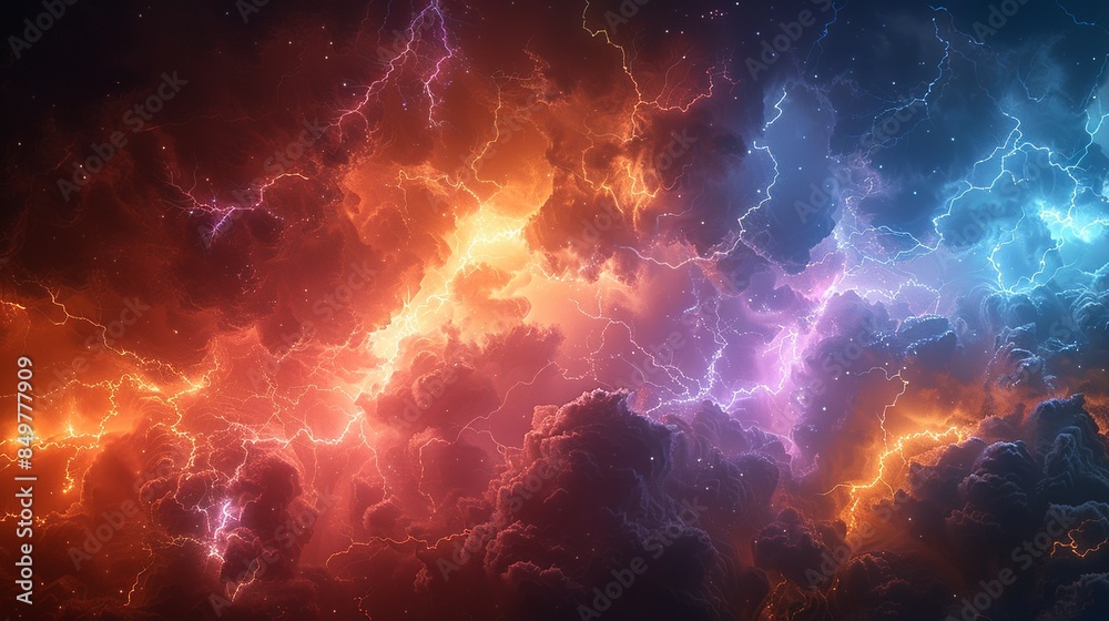 A powerful sky image showing thick, angry storm clouds roiling with fury, bright flashes of lightning, and sheets of rain, with a serene rainbow stretching across, capturing the duality of nature's A powerful sky image showing thick, angry storm clouds roiling with fury, bright flashes of lightning, and sheets of rain, with a serene rainbow stretching across, capturing the duality of nature's