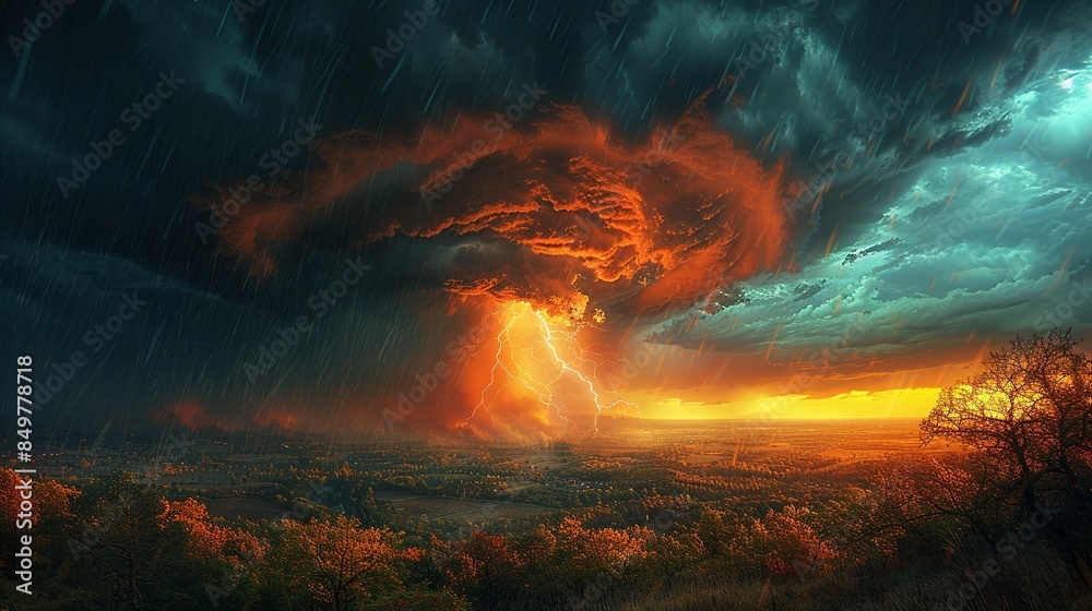 A vivid image of a sky in turmoil, with dark, swirling storm clouds and bright flashes of lightning, heavy rain falling in sheets, and a colorful rainbow beginning to form, showcasing the duality of A vivid image of a sky in turmoil, with dark, swirling storm clouds and bright flashes of lightning, heavy rain falling in sheets, and a colorful rainbow beginning to form, showcasing the duality of