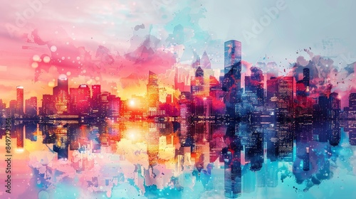 Vibrant watercolor cityscape reflecting on water at sunset with colorful splashes creating an abstract and dreamy urban scene.