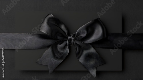 black gift card with black ribbon bow, black friday concept, copy space template. 