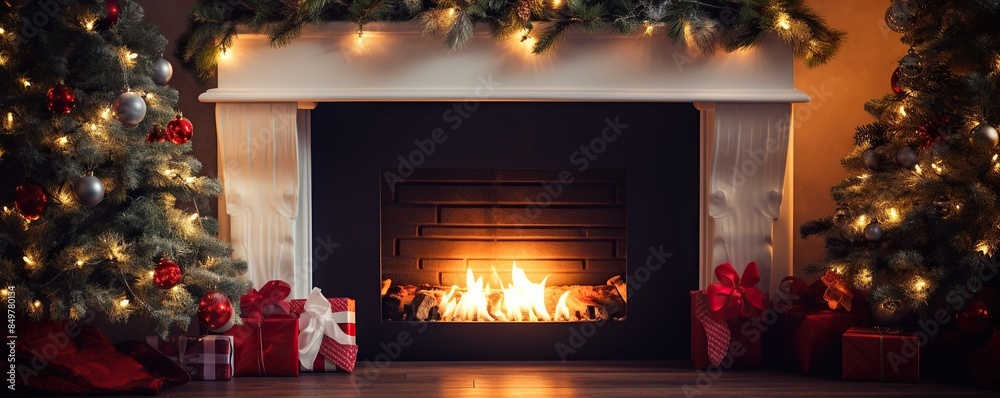 Christmas Fireplace with Decorated Trees and Presents Christmas Fireplace with Decorated Trees and Presents