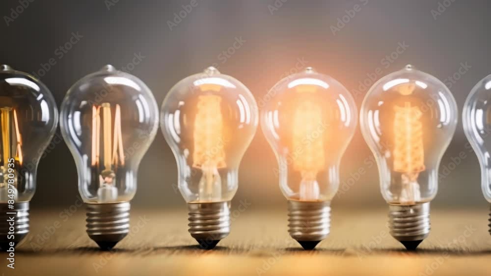 A row of light bulbs with one prominently glowing in the center, symbolizing a bright idea standing out among the rest. 