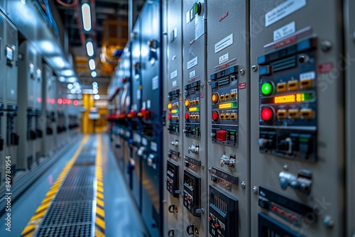 A close-up view of a control room with electrical panels and voltage regulation equipment © mattegg