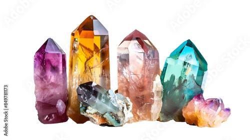 Colorful sharp crystal, gemstone or minerals isolated on white background, Quartz stone from raw natural, pure shiny crystal, Essential jewelry.