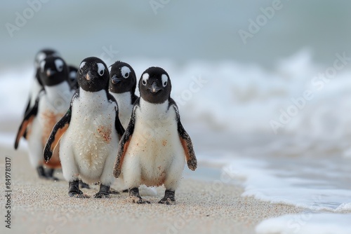 A group of penguins walking on a beach. The penguins are small and cute, and they seem to be enjoying their time on the beach
