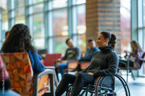 College student in a wheelchair participating in a classroom discussion