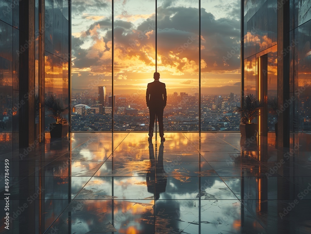 Silhouette of a man standing in an office building, gazing at a cityscape during a spectacular sunset through glass windows. Silhouette of a man standing in an office building, gazing at a cityscape during a spectacular sunset through glass windows.