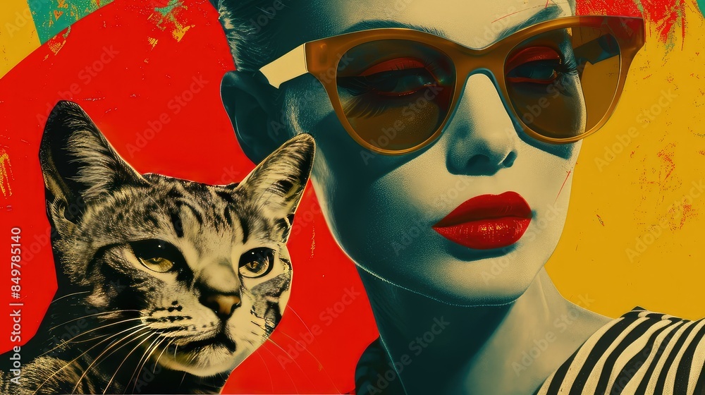 Fototapeta premium A woman wearing sunglasses with a cat beside her face.