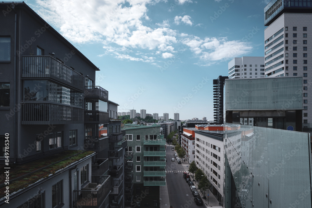 High angle view of a street among buildings High angle view of a street among buildings
