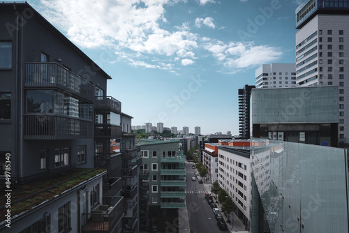 High angle view of a street among buildings
