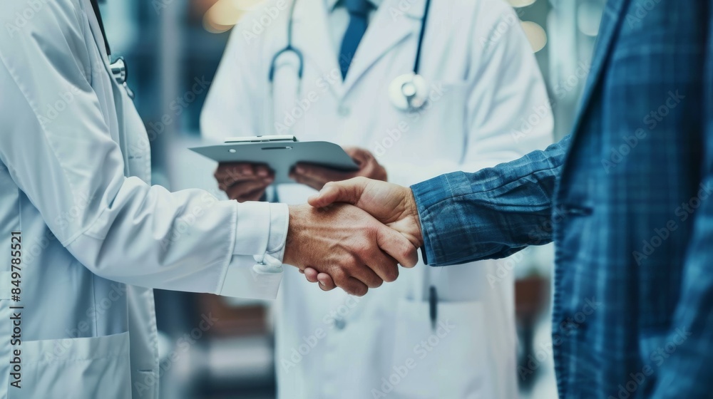 Pharmaceutical sales representative agrees presenting new drug to doctor in medical building, shaking hands. Pharmaceutical sales representative agrees presenting new drug to doctor in medical building, shaking hands.