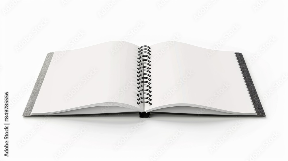 Open blank plain white paper notebook with open coil binding. Spiral bound journal. Realistic isolated on white background. Open blank plain white paper notebook with open coil binding. Spiral bound journal. Realistic isolated on white background.